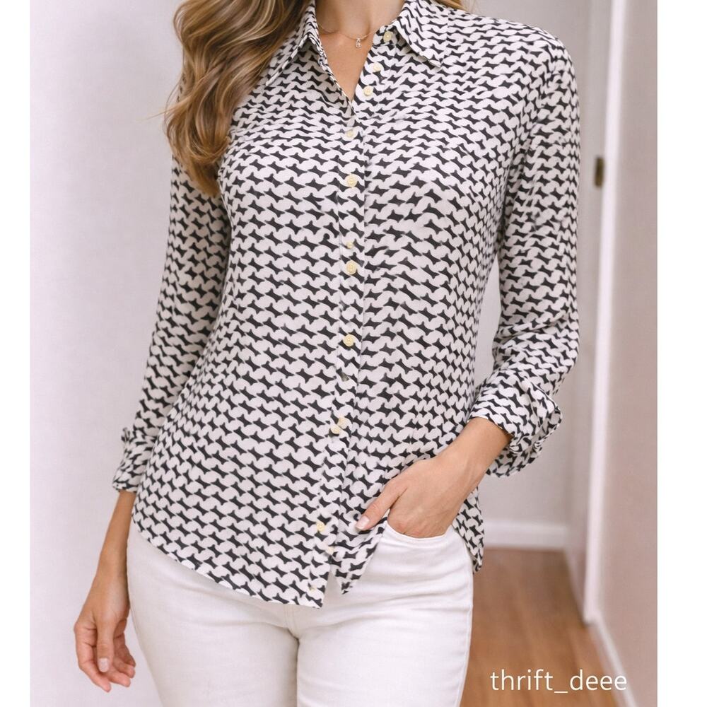 Vintage Alfani Silk Button Up Shirt Womens 6/ Small Black White Geometric Blouse